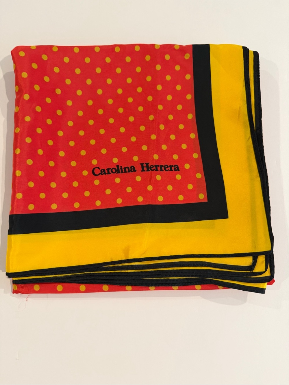 Red and Yellow Polka Dot Silk Scarf with Black Trim